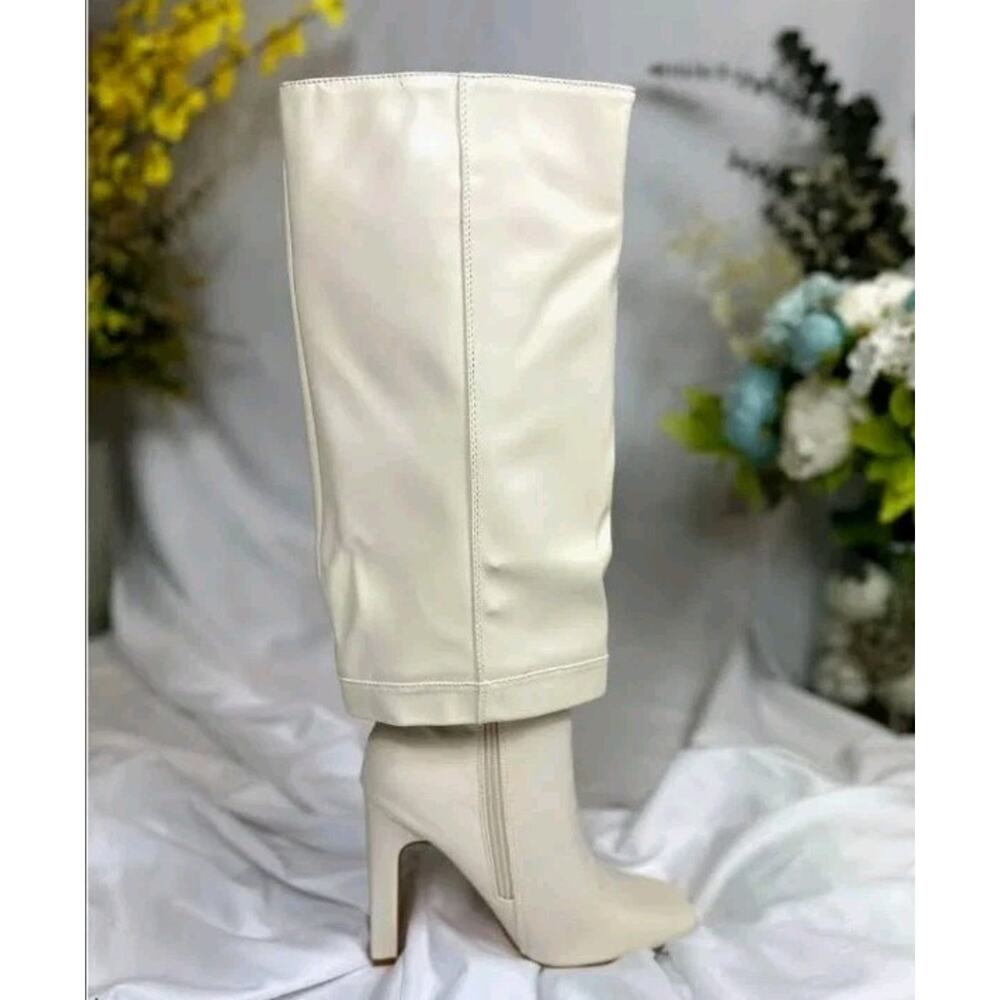 Lulu's Lorlia Women's Almond Square Toe Knee High Fold Over Boots Size 8 Beige - Picture 6 of 9
